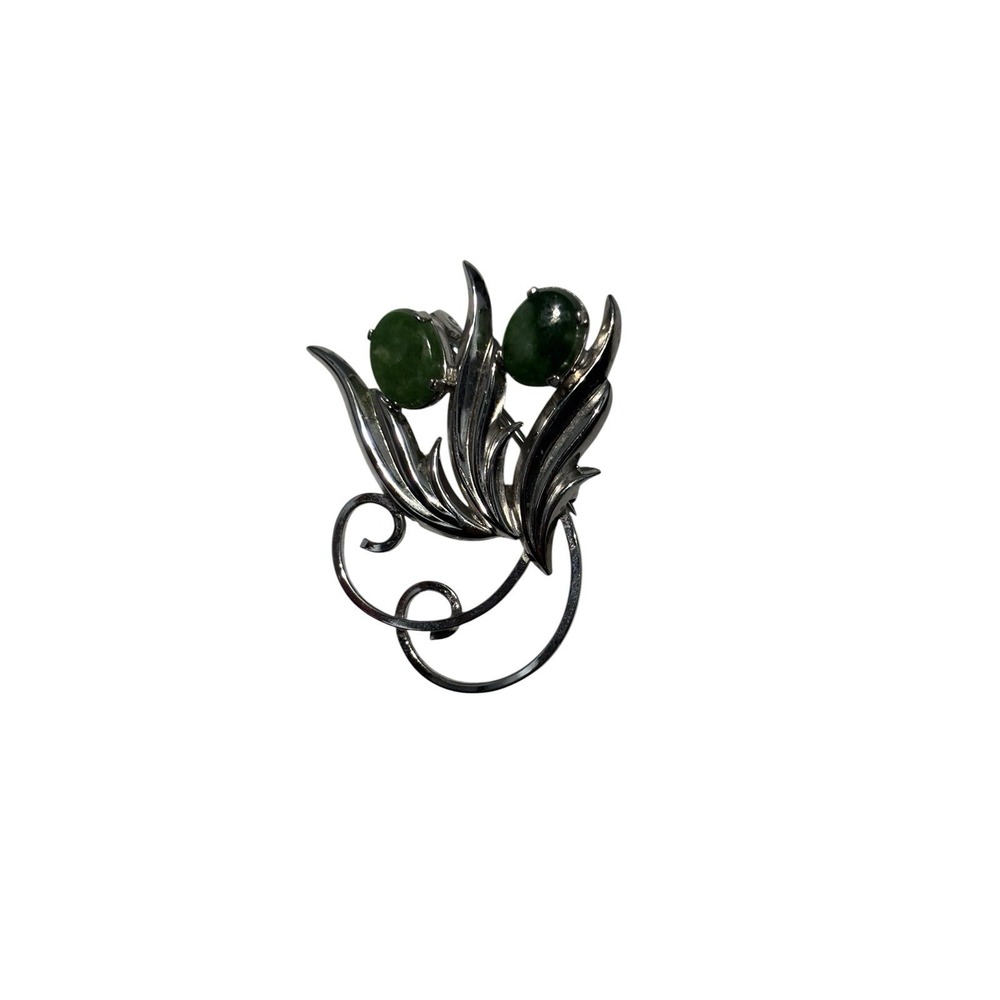 Vintage Signed A&Z Sterling Silver Swirling Leaf Green Jade Accents Brooch Pin
